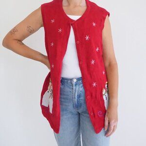 Vintage Breckenridge Red Snowflake Snowman Embroidered Holiday Vest Christmas L